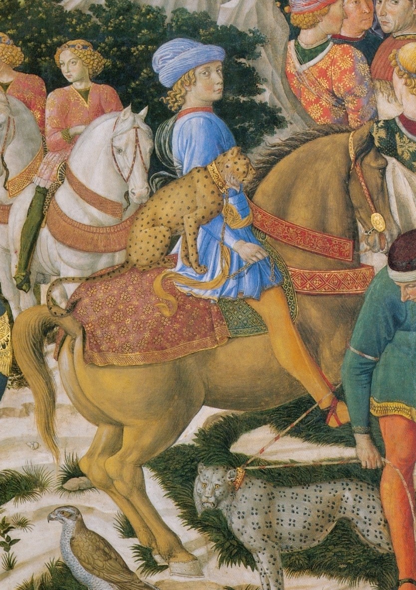 1400s fresco shows a colorful picture of a man and cheetah riding a horse. This fresco is inside a chapel in Florence, Italy